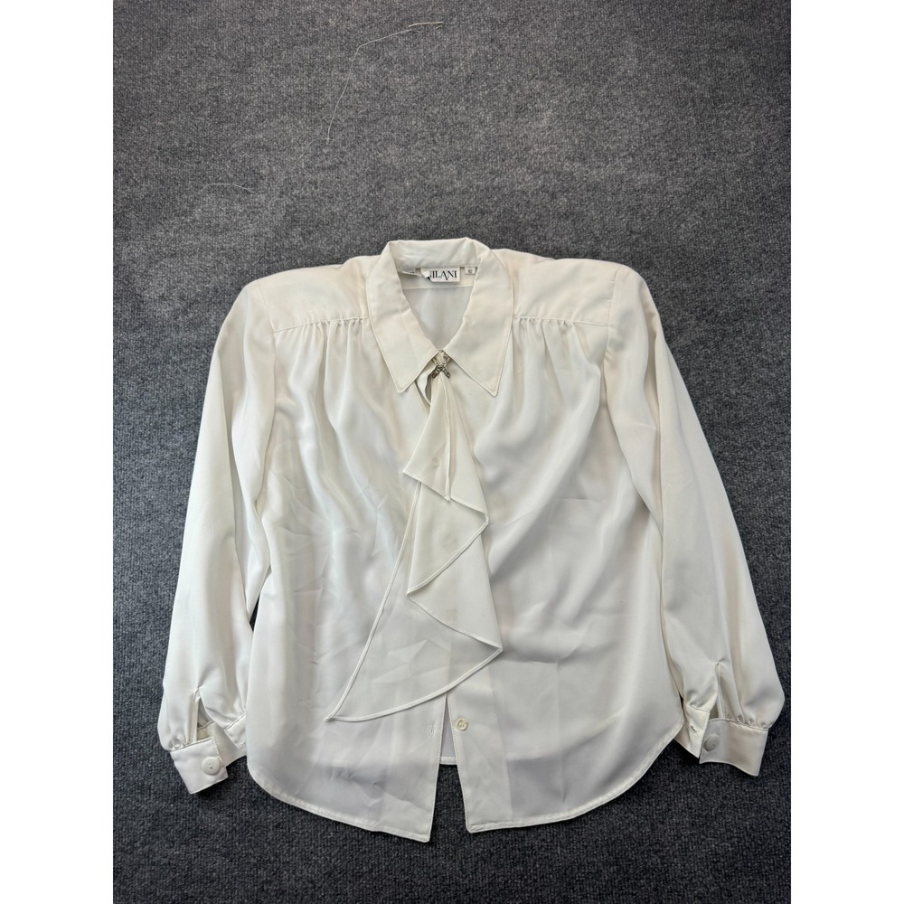 Vintage Nilani Shirt Top Womens 10 Off White Waterfall Ruffle Rhinestone Brooch